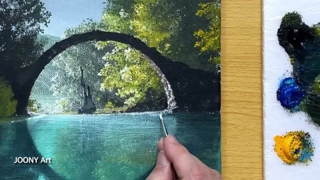 Красивое лесное озеро и мостю Акрилю Joony Art